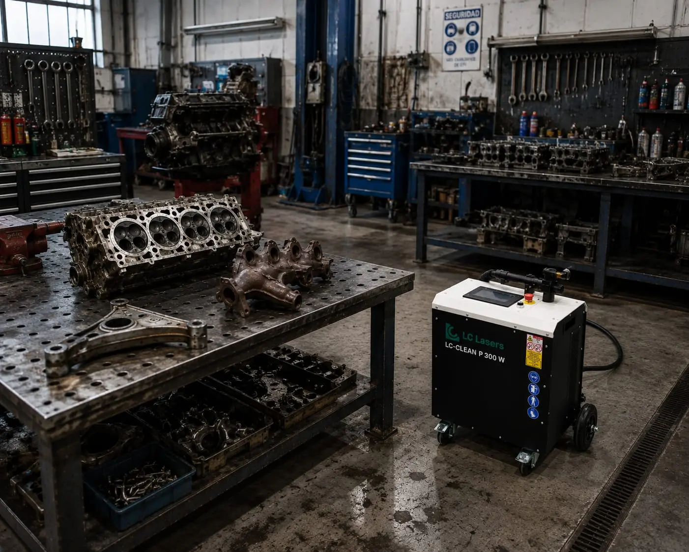 Bloque de motor siendo limpiado por láser en taller mecánico